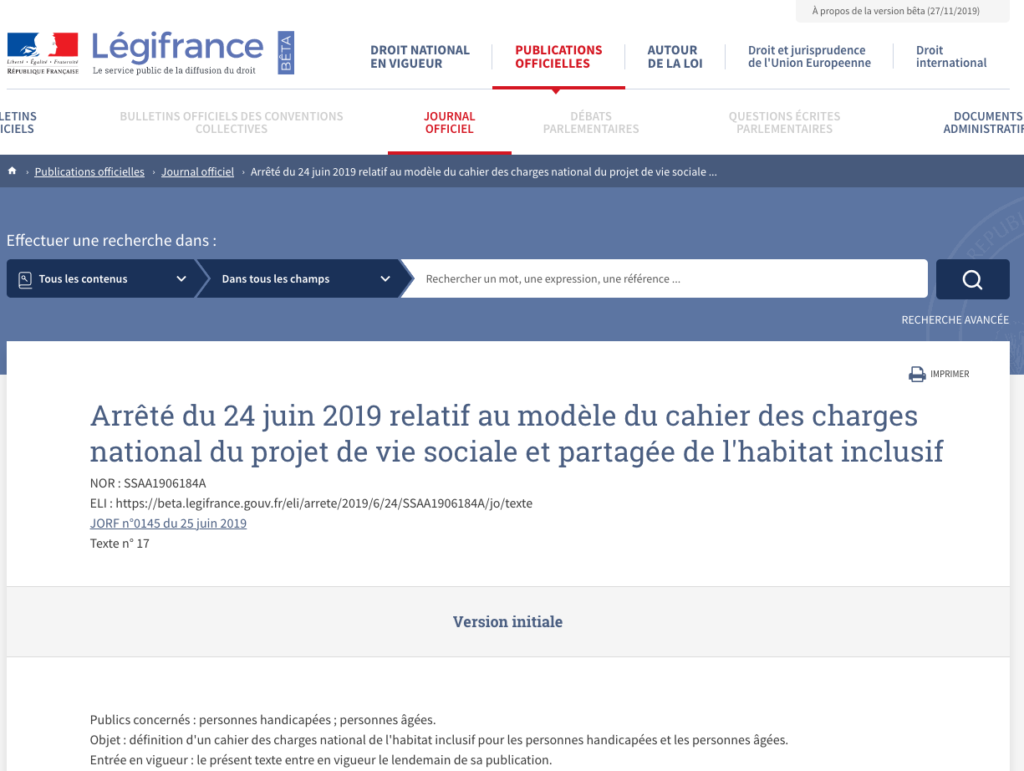Arrêté du 24 juin 2019 relatif au modèle du cahier des charges national du projet de vie sociale et partagée de l'habitat inclusi